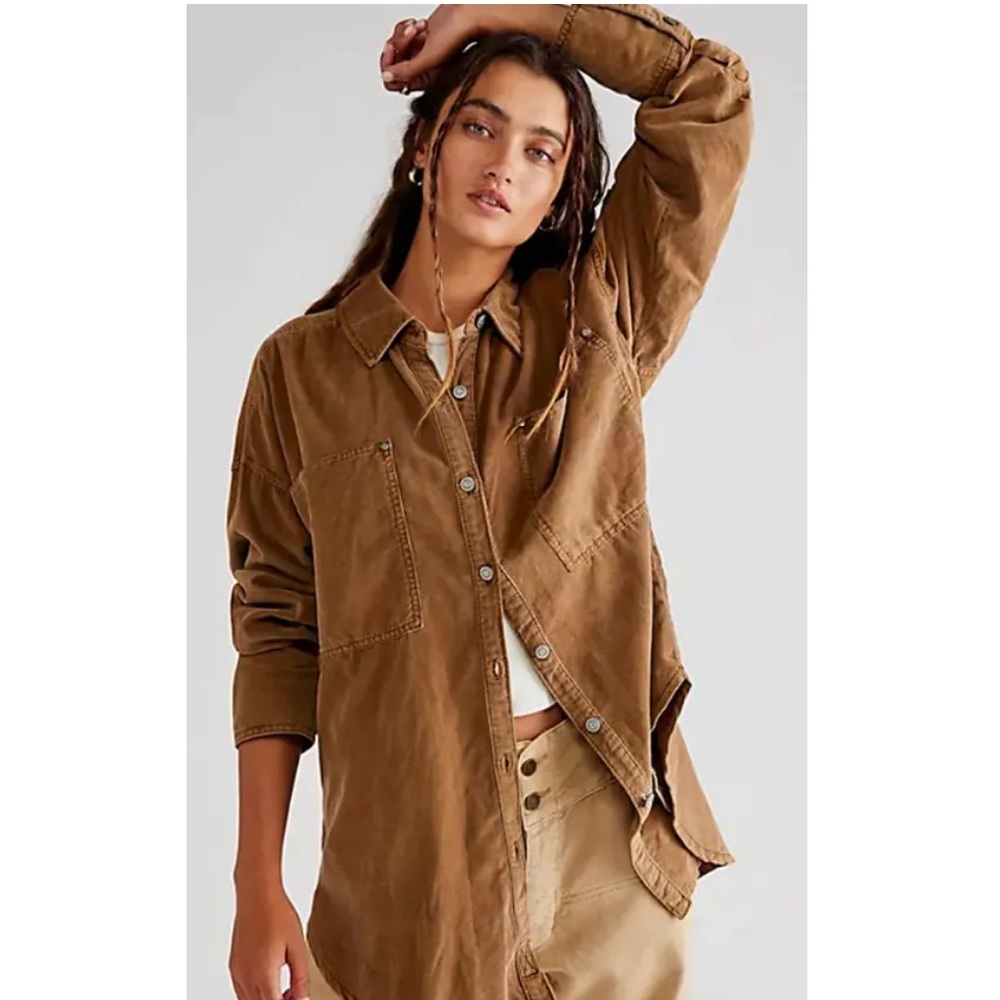 Free People We the Free! Baby Cord Button Down Shirt Jacket in Warm Tobacco NWT!